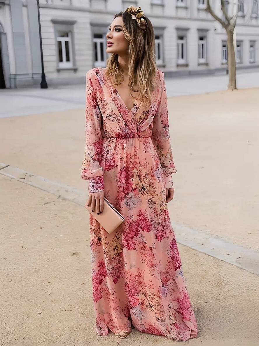 Robe Longue Décontractée | Imprimé Fleuri, Fluide, Décolleté V, Sans Manches, Rose