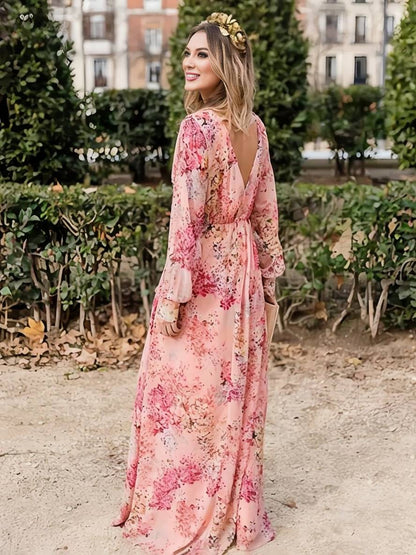 Robe Longue Décontractée | Imprimé Fleuri, Fluide, Décolleté V, Sans Manches, Rose