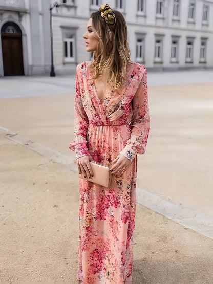 Robe Longue Décontractée | Imprimé Fleuri, Fluide, Décolleté V, Sans Manches, Rose