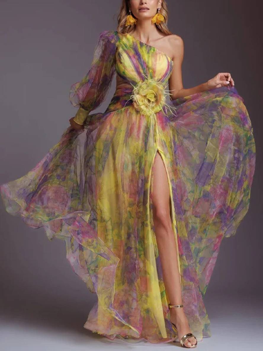 Robe Longue Élégante | Imprimé Floral, Mousseline, Tulle, Fente Latérale, Une Épaule