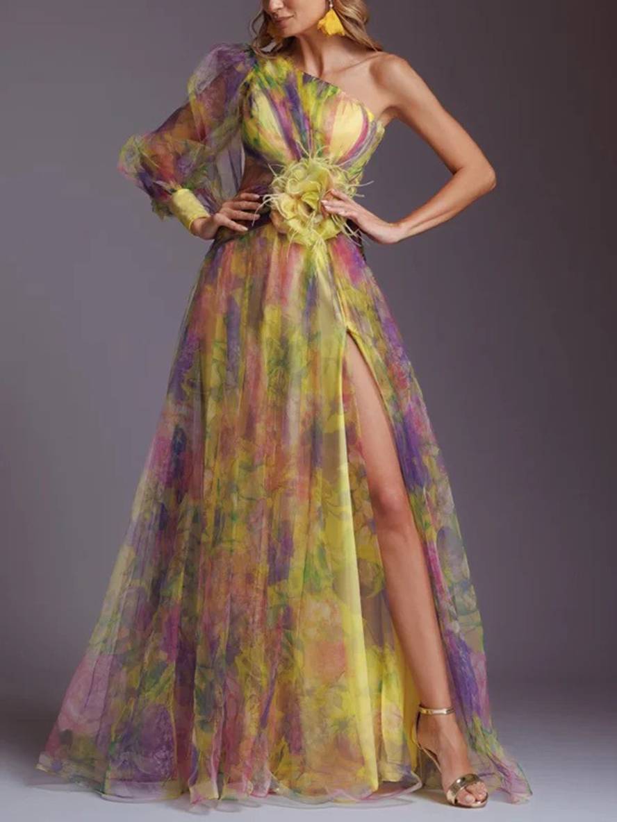 Robe Longue Élégante | Imprimé Floral, Mousseline, Tulle, Fente Latérale, Une Épaule