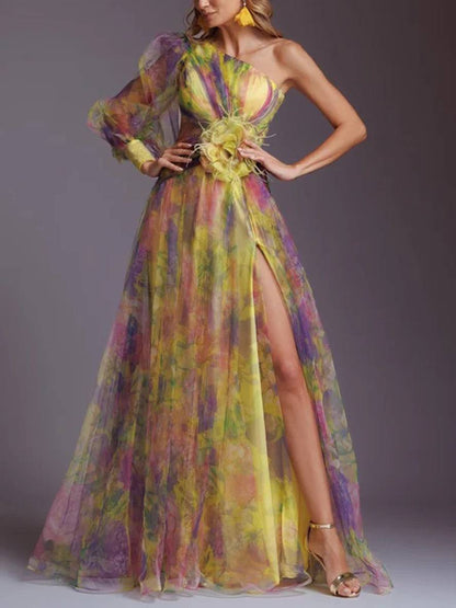 Robe Longue Élégante | Imprimé Floral, Mousseline, Tulle, Fente Latérale, Une Épaule