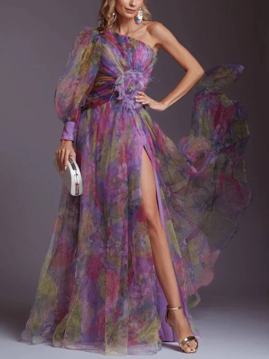 Robe Longue Élégante | Imprimé Floral, Mousseline, Tulle, Fente Latérale, Une Épaule