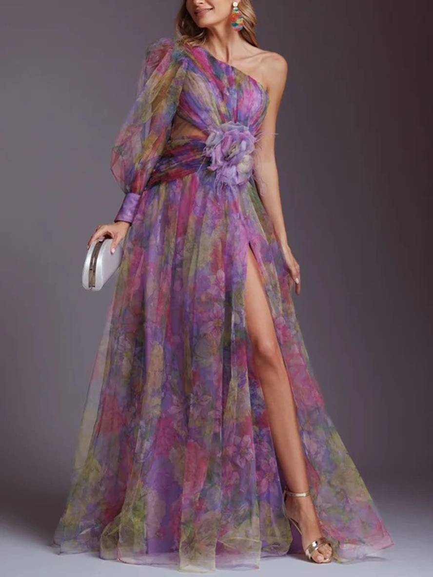 Robe Longue Élégante | Imprimé Floral, Mousseline, Tulle, Fente Latérale, Une Épaule