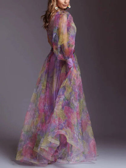 Robe Longue Élégante | Imprimé Floral, Mousseline, Tulle, Fente Latérale, Une Épaule