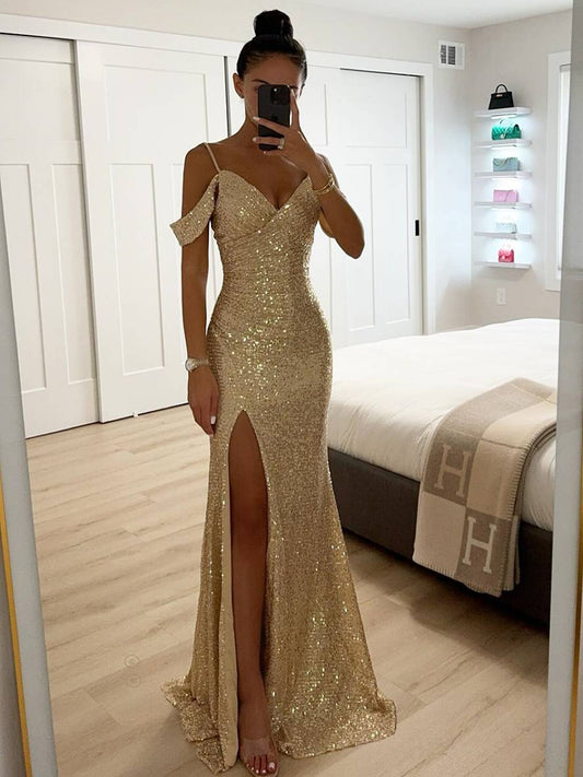 Robe Longue Élégante | Col V, Paillettes Brillantes, Fente Latérale