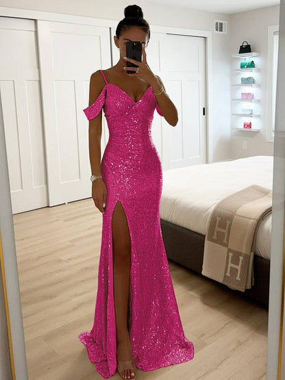 Robe Longue Élégante | Col V, Paillettes Brillantes, Fente Latérale