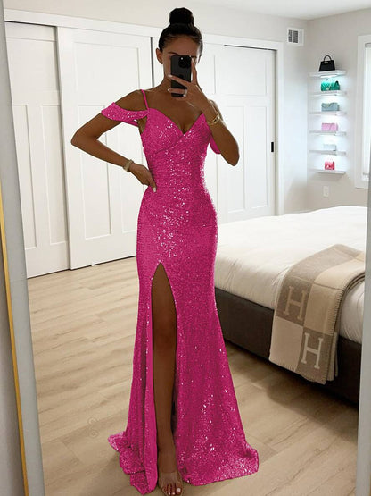 Robe Longue Élégante | Col V, Paillettes Brillantes, Fente Latérale