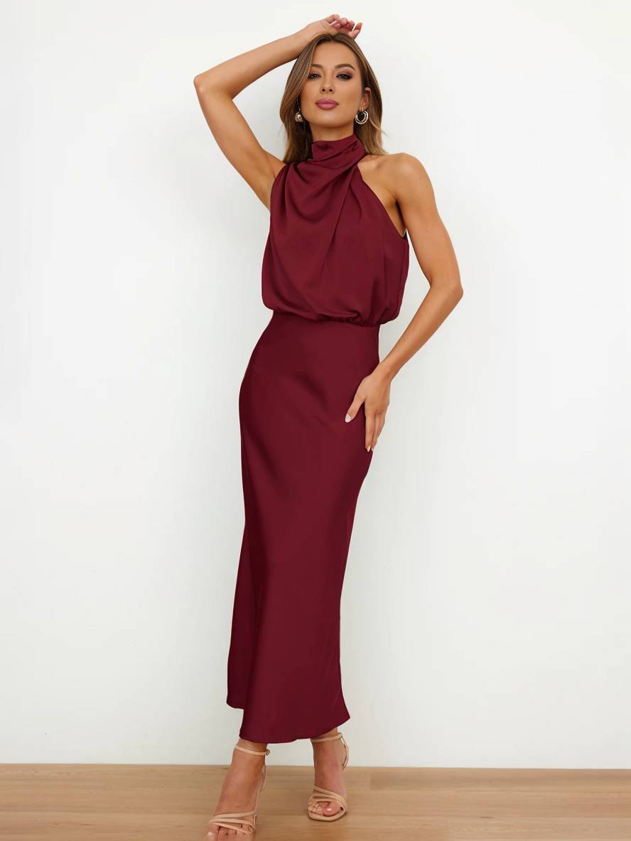 Robe Longue Élégante | Satin, Coupe Asymétrique, Col Roulé, Licou, Sans Manches, Soirée & Mariage