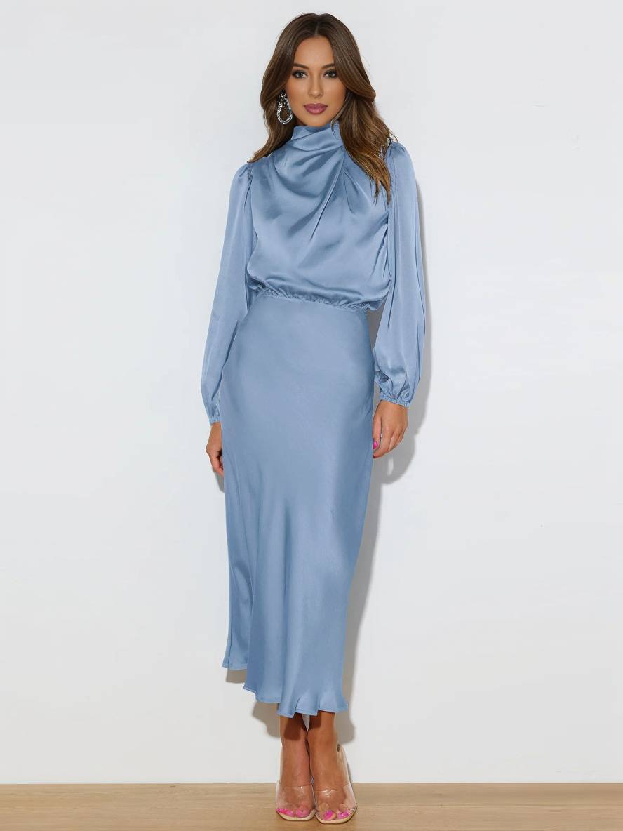 Robe Longue Élégante | Satin, Col Roulé, Manches Longues, Invité Mariage, Soirée, Cérémonie