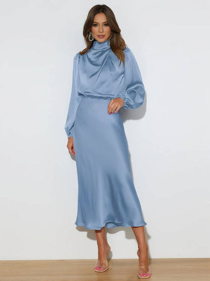 Robe Longue Élégante | Satin, Col Roulé, Manches Longues, Invité Mariage, Soirée, Cérémonie