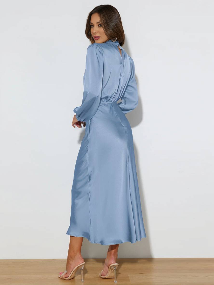 Robe Longue Élégante | Satin, Col Roulé, Manches Longues, Invité Mariage, Soirée, Cérémonie