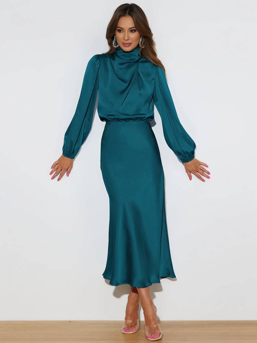 Robe Longue Élégante | Satin, Col Roulé, Manches Longues, Invité Mariage, Soirée, Cérémonie