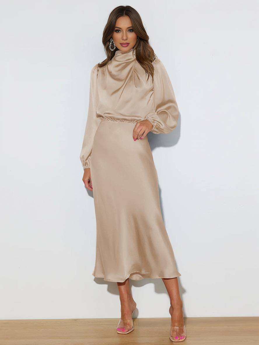 Robe Longue Élégante | Satin, Col Roulé, Manches Longues, Invité Mariage, Soirée, Cérémonie