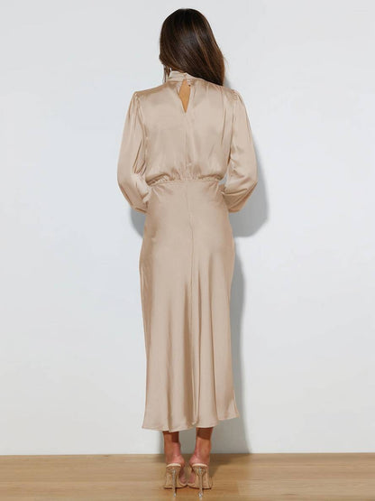 Robe Longue Élégante | Satin, Col Roulé, Manches Longues, Invité Mariage, Soirée, Cérémonie