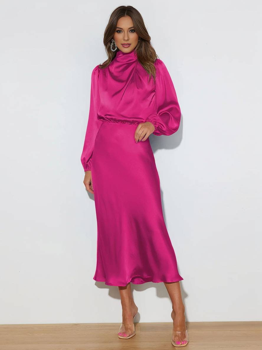 Robe Longue Élégante | Satin, Col Roulé, Manches Longues, Invité Mariage, Soirée, Cérémonie