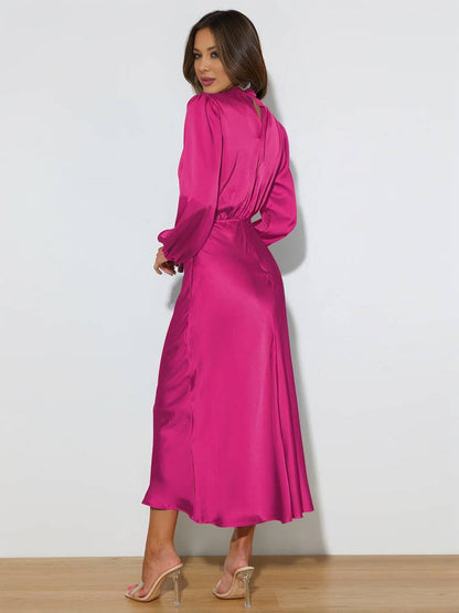 Robe Longue Élégante | Satin, Col Roulé, Manches Longues, Invité Mariage, Soirée, Cérémonie