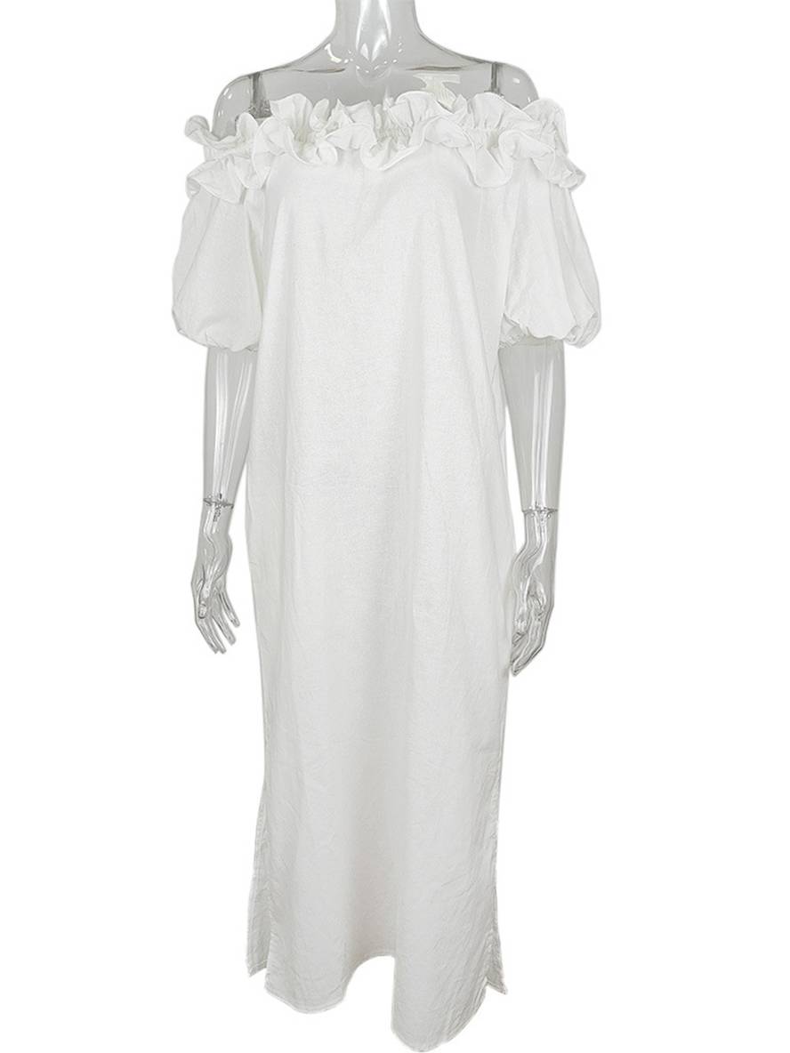 Robe longue col bateau fendu le côté manches bouffantes manches courtes femme décontracté ample de plage