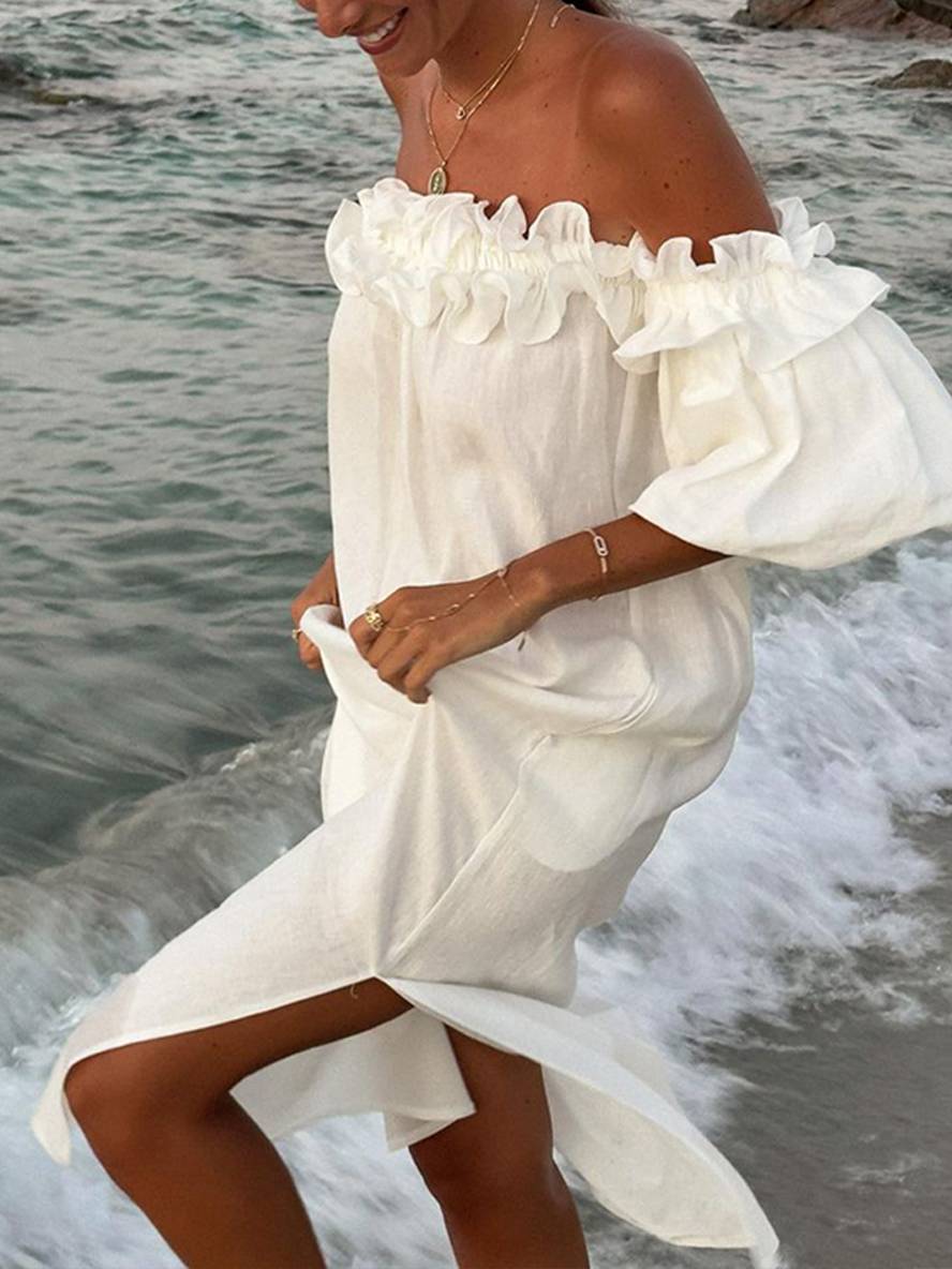 Robe longue col bateau fendu le côté manches bouffantes manches courtes femme décontracté ample de plage