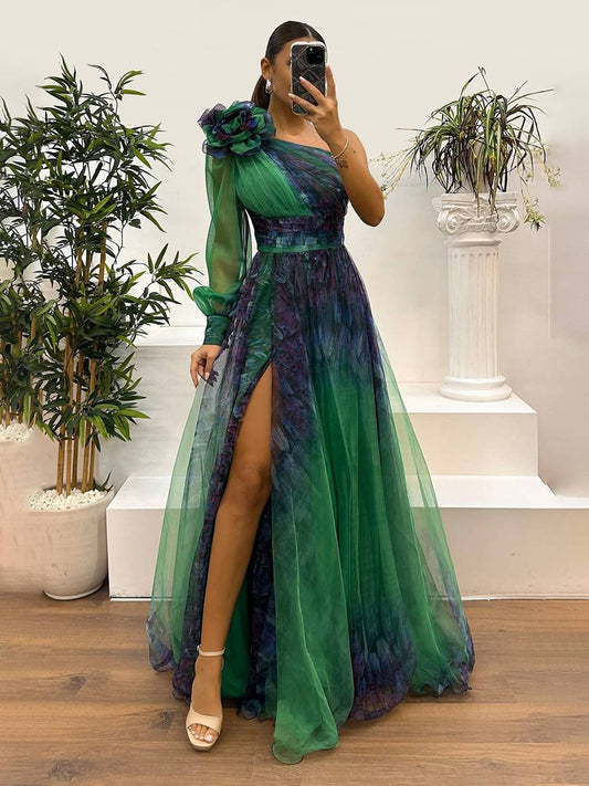 Robe Longue Élégante | Imprimé Fleuri, Tulle, Fente Latérale, Une Épaule, Manches Longues