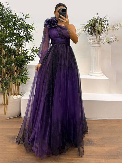 Robe Longue Élégante | Imprimé Fleuri, Tulle, Fente Latérale, Une Épaule, Manches Longues