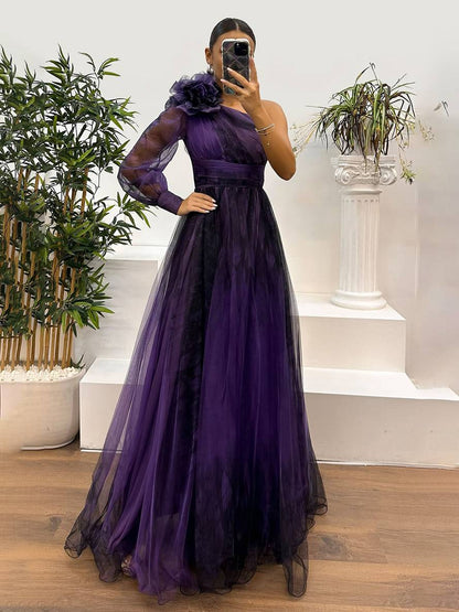 Robe Longue Élégante | Imprimé Fleuri, Tulle, Fente Latérale, Une Épaule, Manches Longues