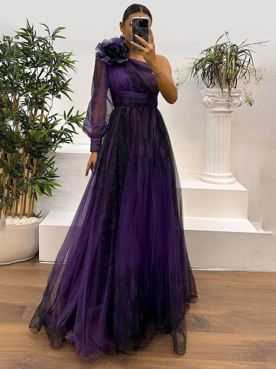 Robe Longue Élégante | Imprimé Fleuri, Tulle, Fente Latérale, Une Épaule, Manches Longues