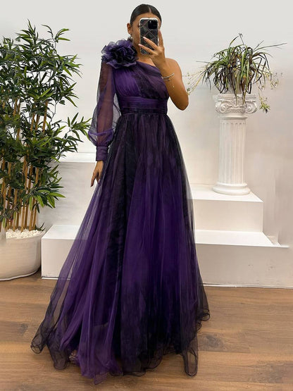 Robe Longue Élégante | Imprimé Fleuri, Tulle, Fente Latérale, Une Épaule, Manches Longues