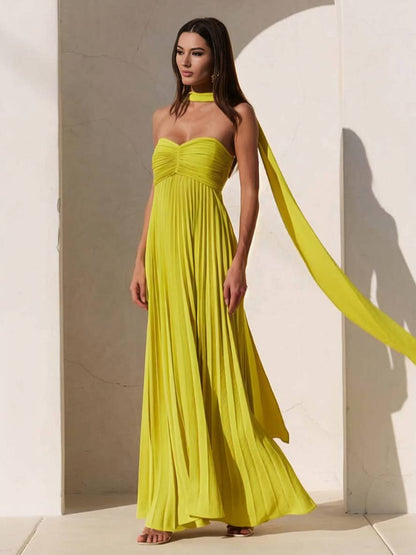 Robe Longue Élégante | Plissée, Bustier, Sans Manches, Bal de Promo, Plage