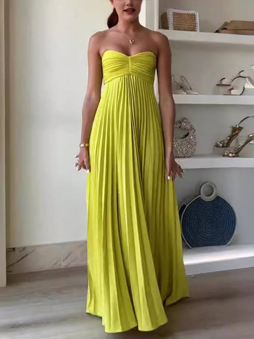 Robe Longue Élégante | Plissée, Bustier, Sans Manches, Bal de Promo, Plage