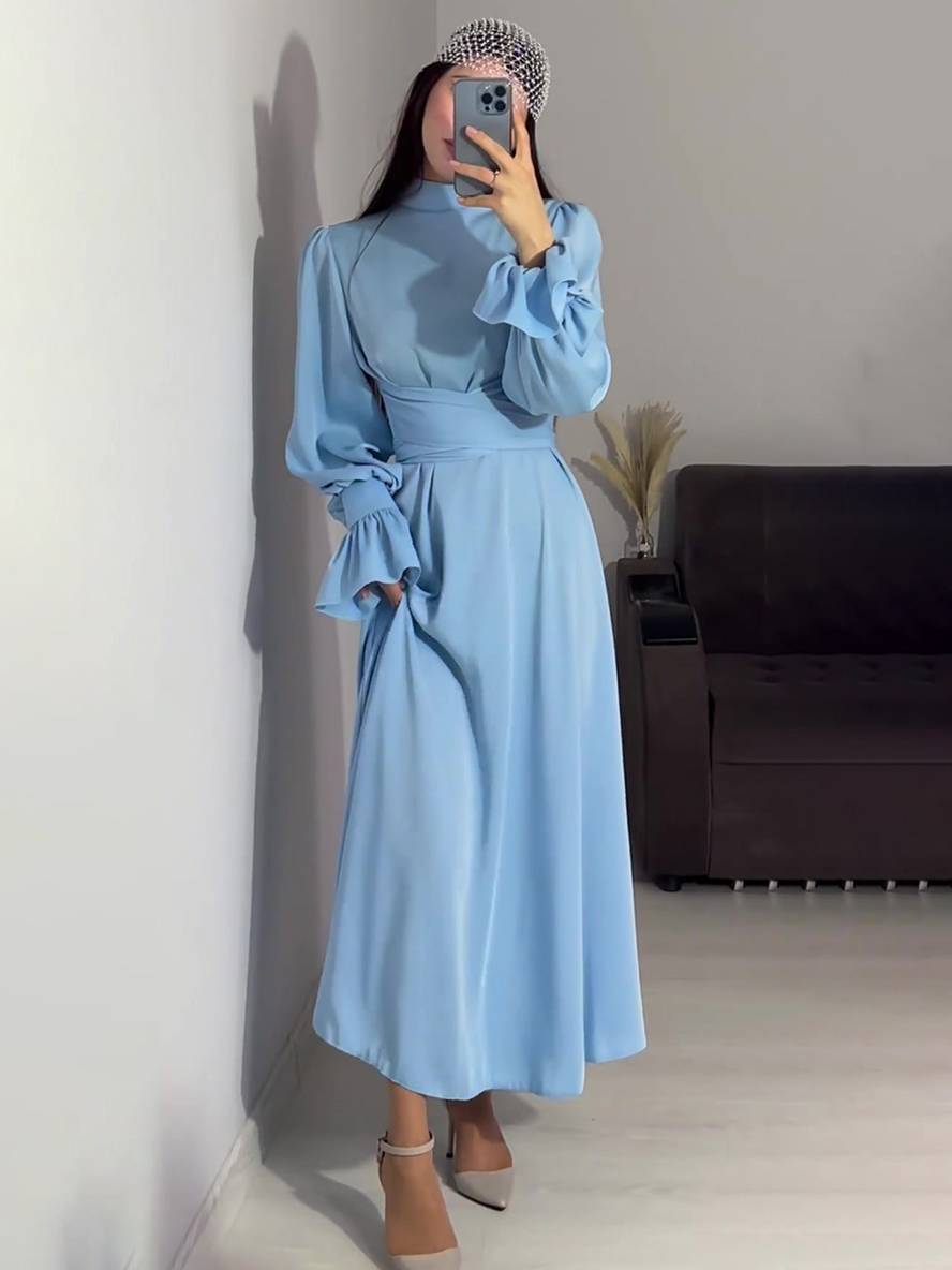 Robe Longue Élégante | Satin, Col Roulé, Volants, Manches Bouffantes, Soirée, Cérémonie