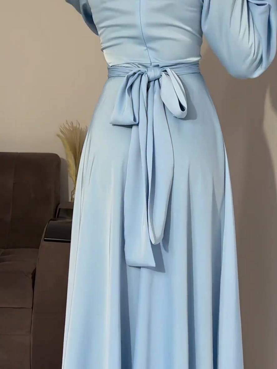 Robe Longue Élégante | Satin, Col Roulé, Volants, Manches Bouffantes, Soirée, Cérémonie