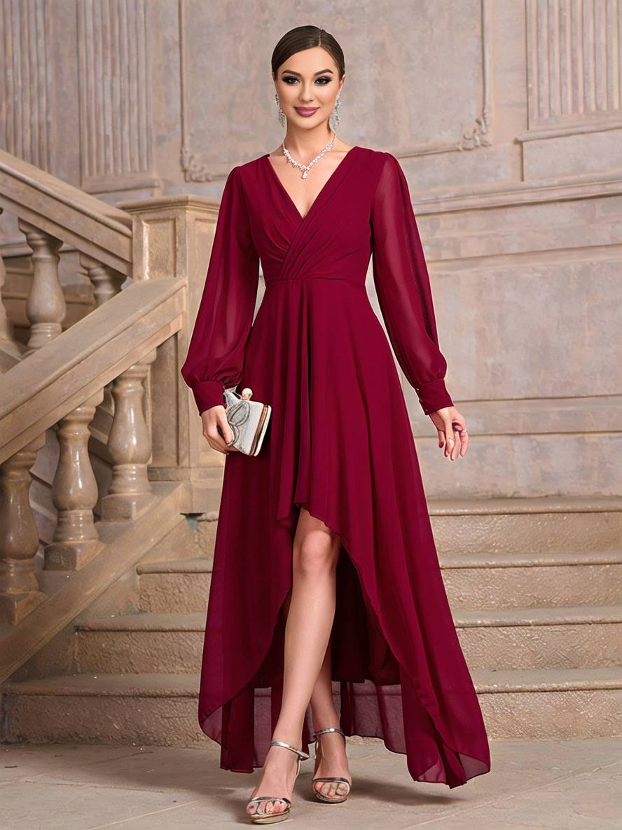 Robe Longue Élégante | Soirée, Mariage, Col V, Manches Longues, Bal de Promo