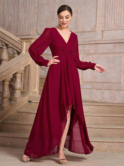 Robe Longue Élégante | Soirée, Mariage, Col V, Manches Longues, Bal de Promo