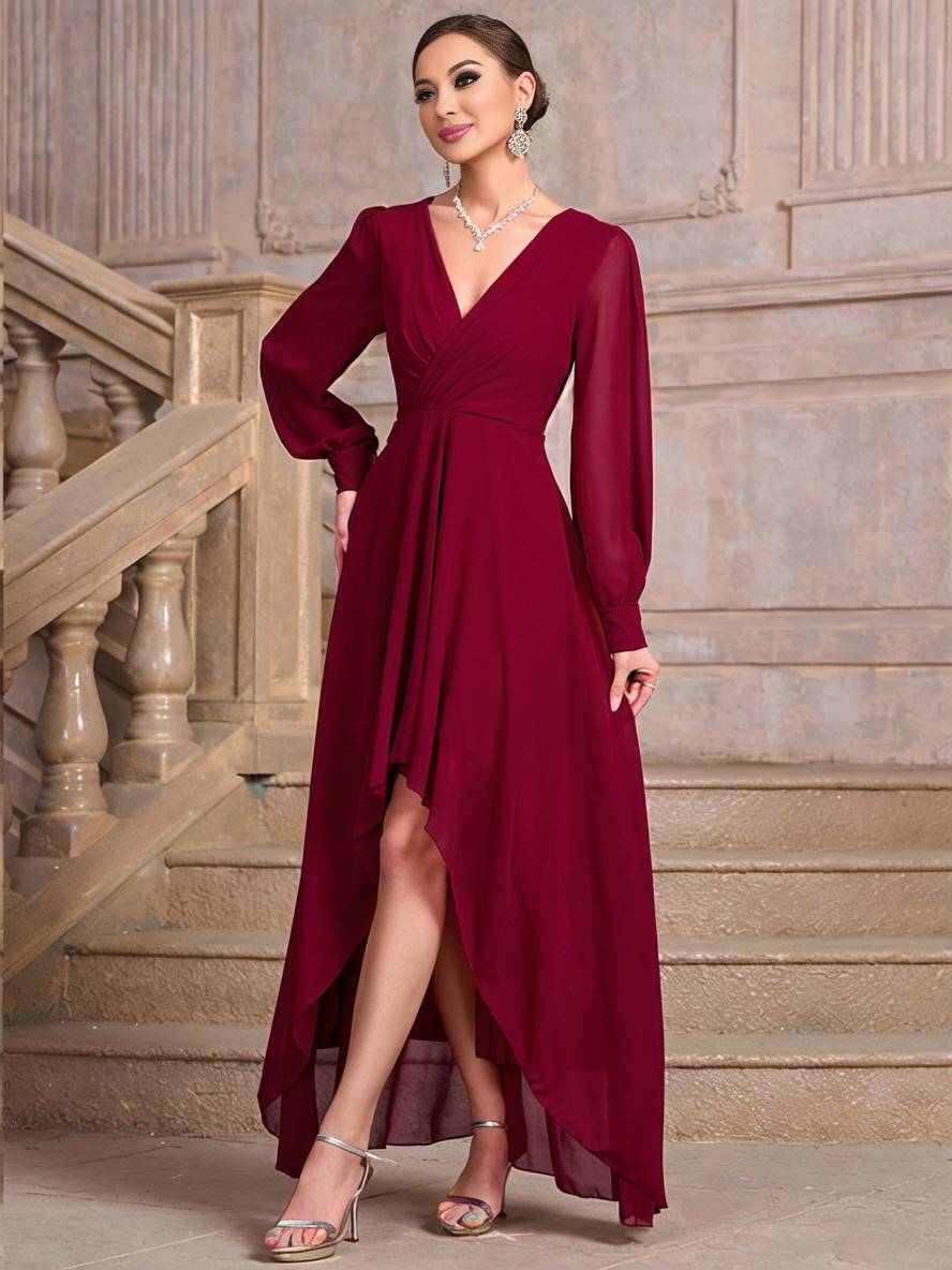 Robe Longue Élégante | Soirée, Mariage, Col V, Manches Longues, Bal de Promo