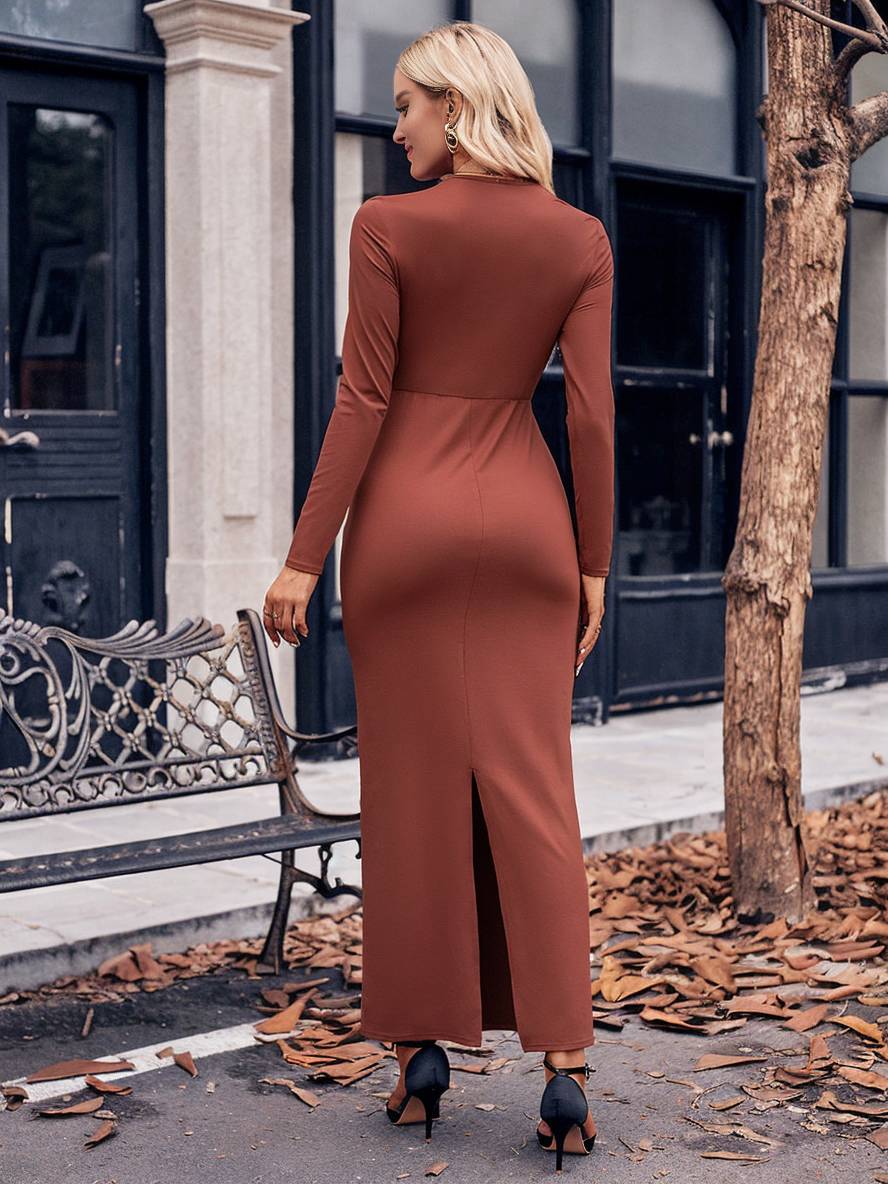 Robe Longue Élégante | Moulante, Nœud, Col V, Manches Longues, Soirée, Bal de Promo