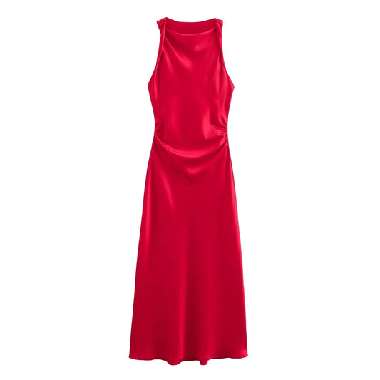 Robe Midi en Satin pour Femmes | Robe de Soirée Sans Manches